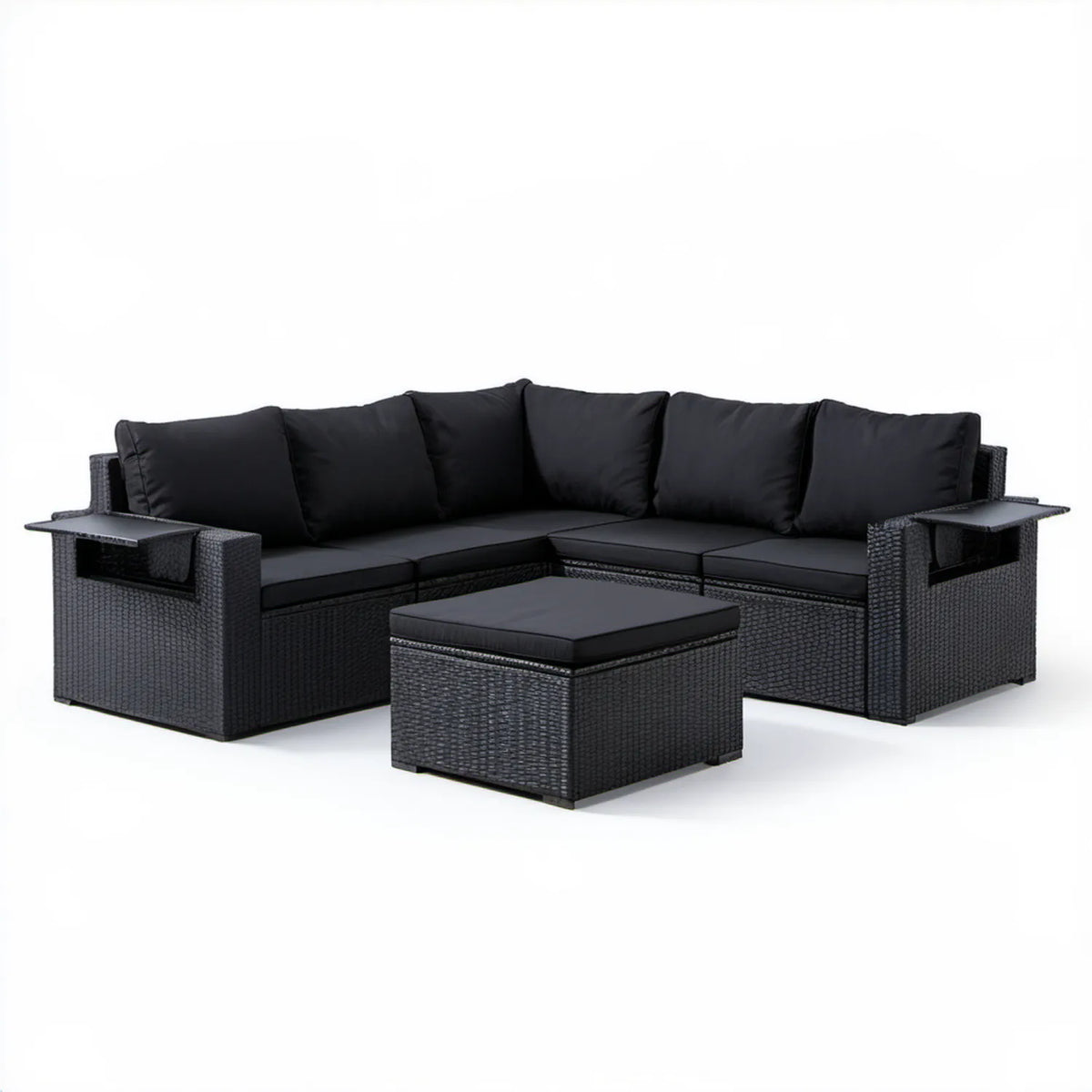 Czarny narożnik ogrodowy z technorattanu PE z podnóżkiem 210 x 210 x 65 cm