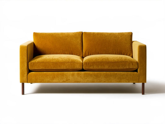 Sofa dwuosobowa musztardowa z welurową tapicerką i brązowymi nogami, 150 x 85 x 84 cm