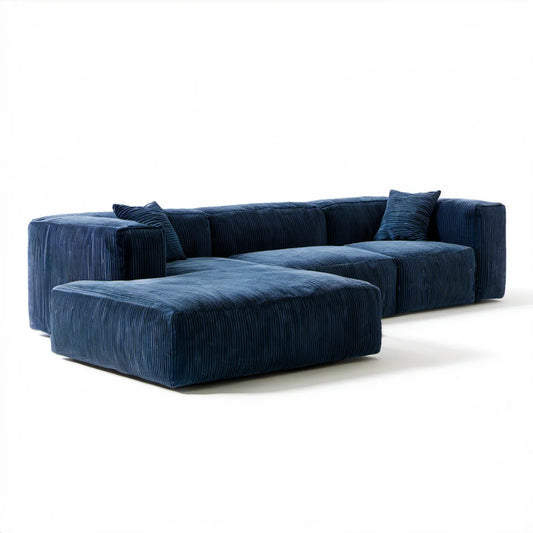 Granatowa lewostronna sofa narożna z szezlongiem 285 × 170 × 75 cm, sztruks poliestrowy