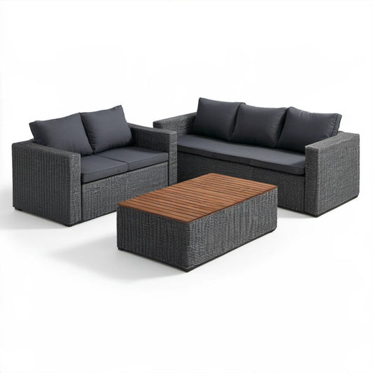 Komplet wypoczynkowy z technorattanu PE z sofą 3-osobową 190 × 75 × 65 cm, sofą 2-osobową 140 × 75 × 65 cm i stolikiem 110 × 60 × 45 cm, Antracytowy/Ciemnoszary/Brązowy