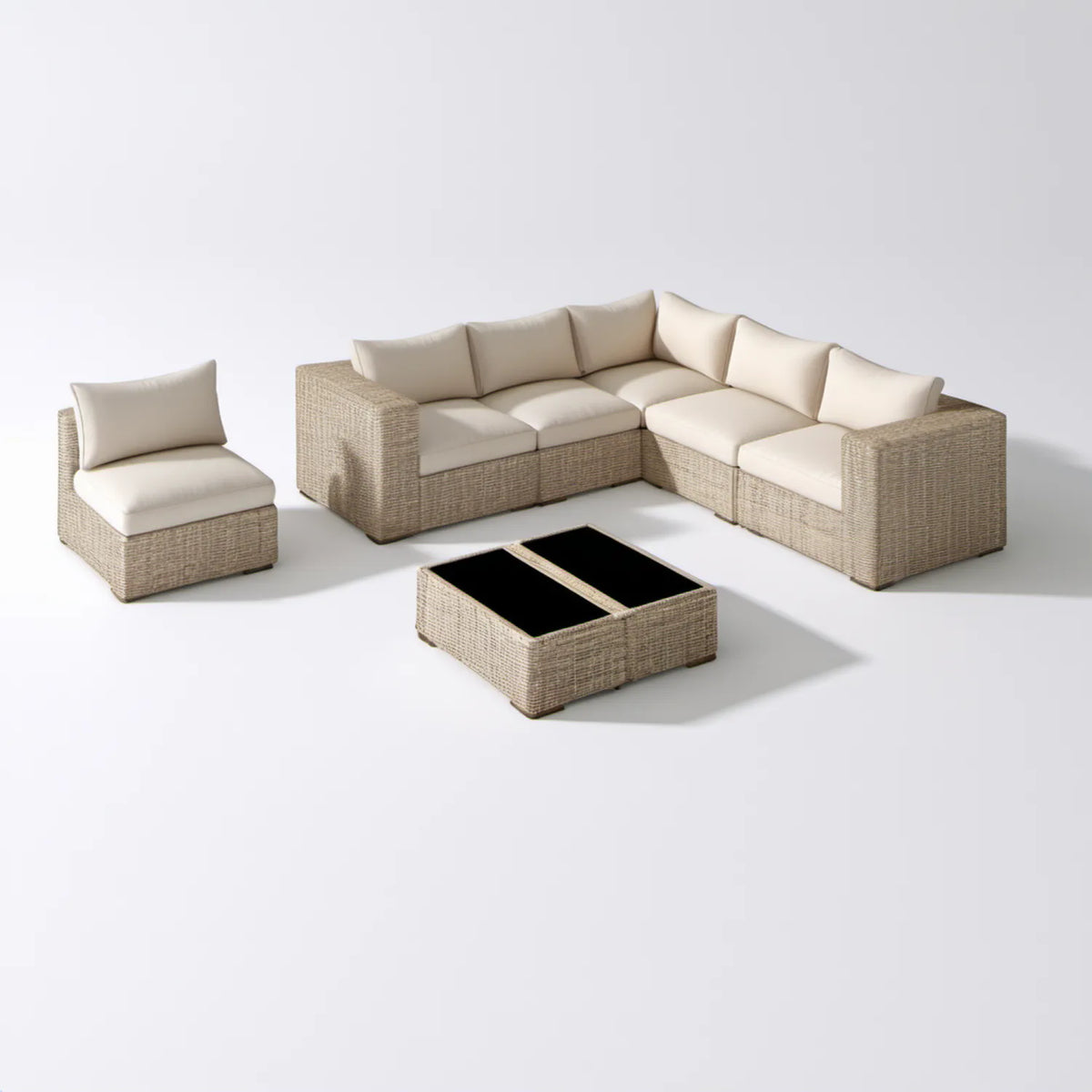 Beżowo-kremowy zestaw wypoczynkowy z technorattanu PE, sofa narożna 250 × 190 × 65 cm, fotel i stolik