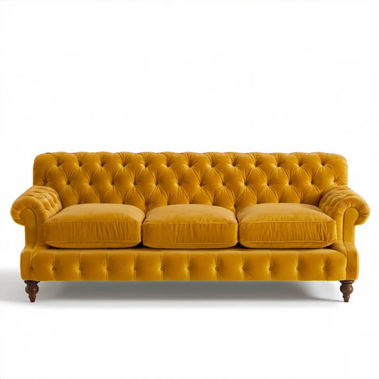 Sofa trzyosobowa Chesterfield z weluru musztardowa 220 x 95 x 78 cm