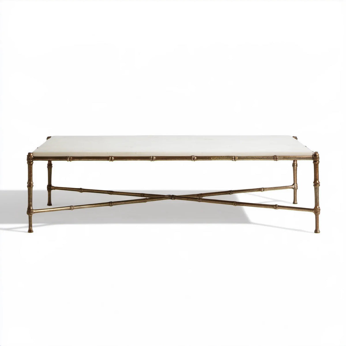 Prostokątny stolik kawowy z białym marmurowym blatem i podstawą w kolorze antycznego złota, 120 x 60 x 45 cm