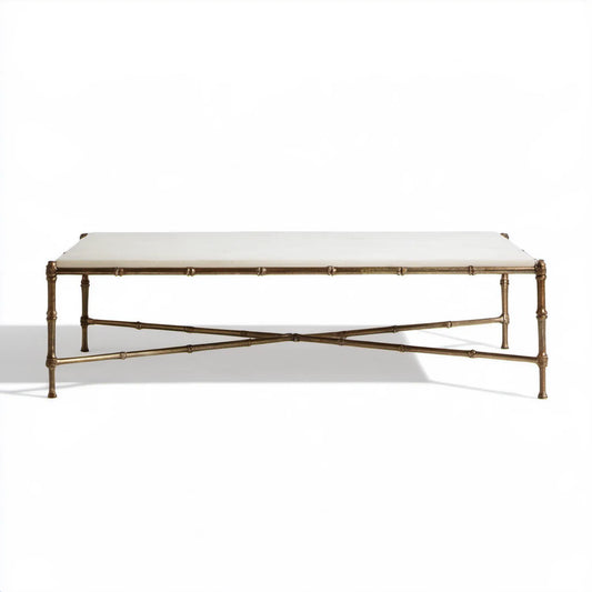 Prostokątny stolik kawowy z białym marmurowym blatem i podstawą w kolorze antycznego złota, 120 x 60 x 45 cm