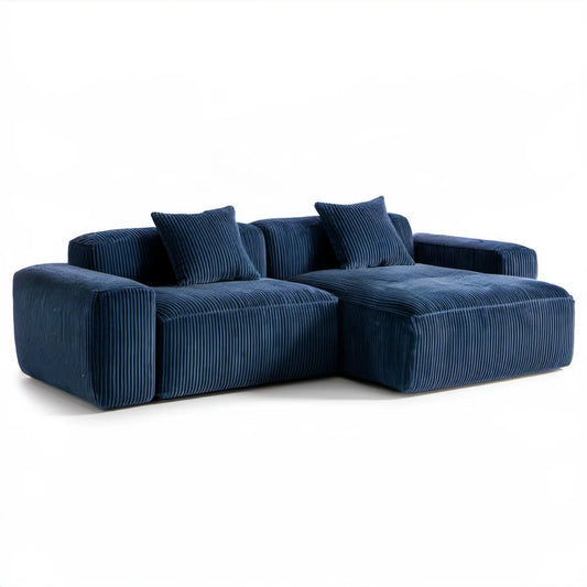 Granatowa sofa narożna z prawostronnym szezlongiem, sztruksowa, 260 x 160 x 75 cm