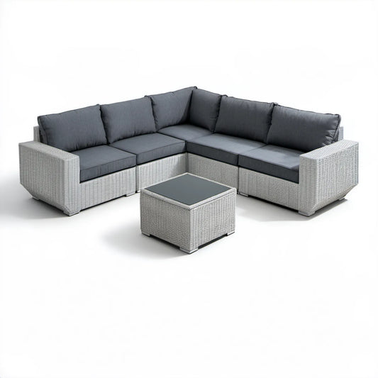 5-osobowy narożny zestaw wypoczynkowy z technorattanu PE 210 x 210 x 65 cm ze stolikiem, jasnoszary/antracytowy/czarny